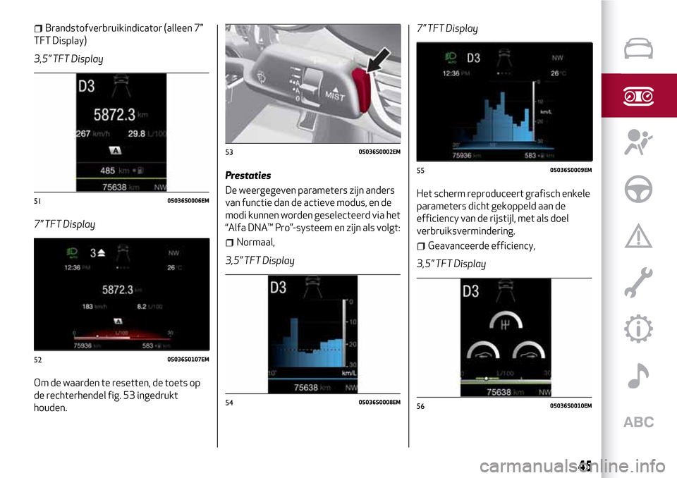Alfa Romeo Giulia 2016 Handleiding (in Dutch) Brandstofverbruikindicator (alleen 7"
TFT Display)
3,5” TFT Display
7” TFT Display
Om de waarden te resetten, de toets op
de rechterhendel fig. 53 ingedrukt
houden.Prestaties
De weergegeven parame Alfa Romeo Giulia 2016 Handleiding (in Dutch) Brandstofverbruikindicator (alleen 7"
TFT Display)
3,5” TFT Display
7” TFT Display
Om de waarden te resetten, de toets op
de rechterhendel fig. 53 ingedrukt
houden.Prestaties
De weergegeven parame