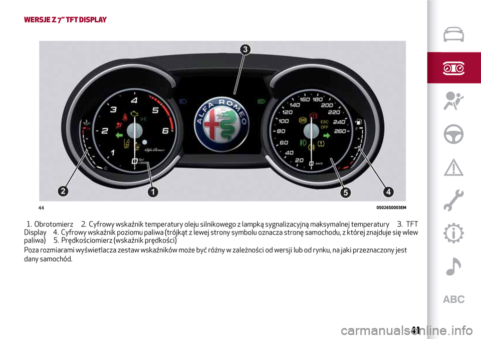 Alfa Romeo Giulia 2016 Instrukcja Obsługi (in Polish) WERSJE Z 7” TFT DISPLAY
1. Obrotomierz 2. Cyfrowy wskaźnik temperatury oleju silnikowego z lampką sygnalizacyjną maksymalnej temperatury 3. TFT
Display 4. Cyfrowy wskaźnik poziomu paliwa (trójk Alfa Romeo Giulia 2016 Instrukcja Obsługi (in Polish) WERSJE Z 7” TFT DISPLAY
1. Obrotomierz 2. Cyfrowy wskaźnik temperatury oleju silnikowego z lampką sygnalizacyjną maksymalnej temperatury 3. TFT
Display 4. Cyfrowy wskaźnik poziomu paliwa (trójk