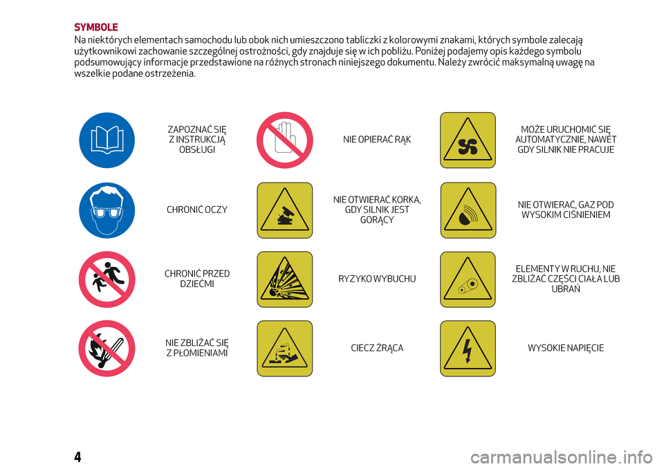 Alfa Romeo Giulia 2016  Instrukcja Obsługi (in Polish) SYMBOLE
Na niektórych elementach samochodu lub obok nich umieszczono tabliczki z kolorowymi znakami, których symbole zalecają
użytkownikowi zachowanie szczególnej ostrożności, gdy znajduje się