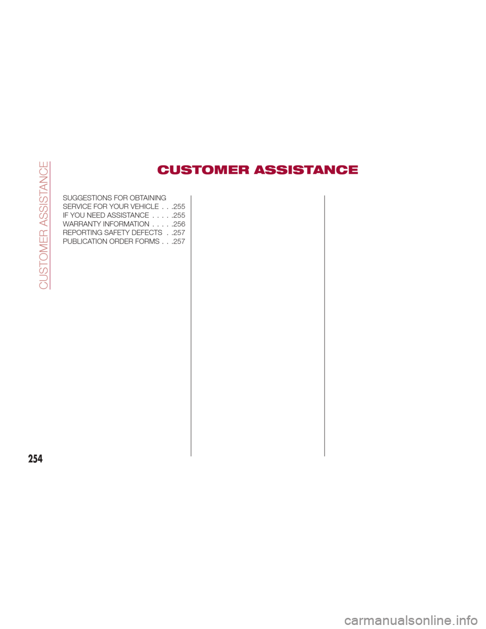 Alfa Romeo Giulia Quadrifoglio 2017 Owners Manual CUSTOMER ASSISTANCE
SUGGESTIONS FOR OBTAINING
SERVICE FOR YOUR VEHICLE . . .255
IF YOU NEED ASSISTANCE.....255
WARRANTY INFORMATION .....256
REPORTING SAFETY DEFECTS . .257
PUBLICATION ORDER FORMS . . Alfa Romeo Giulia Quadrifoglio 2017 Owners Manual CUSTOMER ASSISTANCE
SUGGESTIONS FOR OBTAINING
SERVICE FOR YOUR VEHICLE . . .255
IF YOU NEED ASSISTANCE.....255
WARRANTY INFORMATION .....256
REPORTING SAFETY DEFECTS . .257
PUBLICATION ORDER FORMS . .