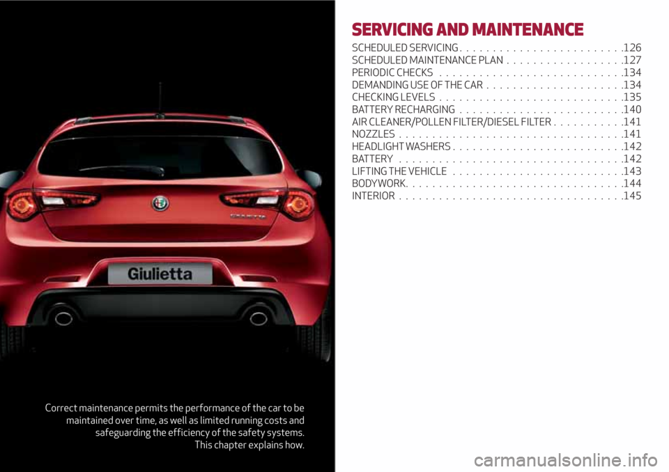 Alfa Romeo Giulietta 2018  Owners Manual Correct maintenance permits the performance of the car to be
maintained over time, as well as limited running costs and
safeguarding the efficiency of the safety systems.
This chapter explains how.
SE