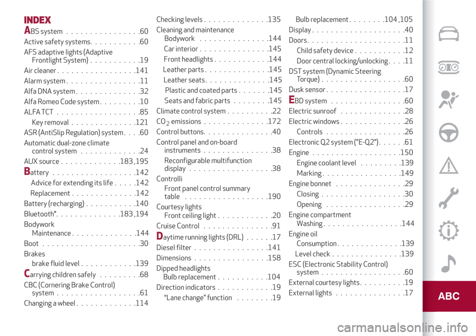 Alfa Romeo Giulietta 2018  Owners Manual INDEX
ABS system................60
Active safety systems...........60
AFS adaptive lights (Adaptive
Frontlight System)...........19
Air cleaner.................141
Alarm system................11
Alfa 