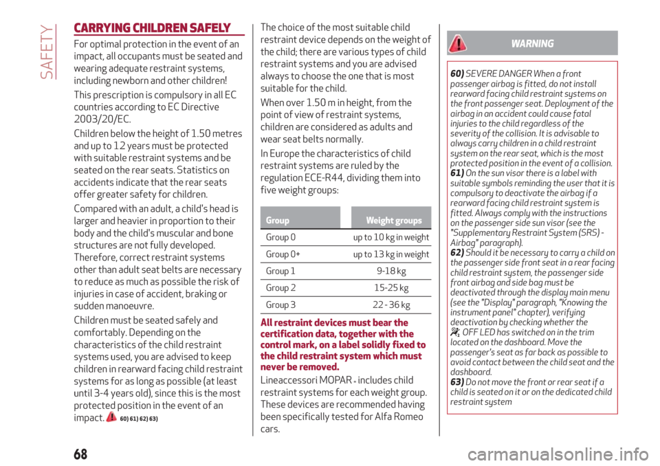 Alfa Romeo Giulietta 2018 Repair Manual CARRYING CHILDREN SAFELY
For optimal protection in the event of an
impact, all occupants must be seated and
wearing adequate restraint systems,
including newborn and other children!
This prescription Alfa Romeo Giulietta 2018 Repair Manual CARRYING CHILDREN SAFELY
For optimal protection in the event of an
impact, all occupants must be seated and
wearing adequate restraint systems,
including newborn and other children!
This prescription