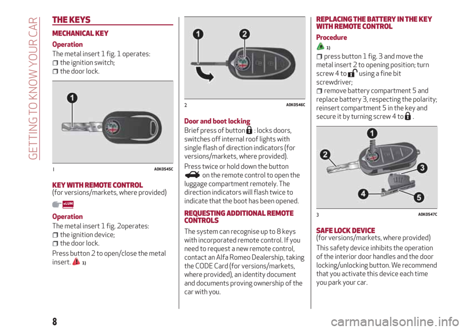 Alfa Romeo Giulietta 2018 Owners Manual THE KEYS
MECHANICAL KEY
Operation
The metal insert 1 fig. 1 operates:
the ignition switch;
the door lock.
KEY WITH REMOTE CONTROL(for versions/markets, where provided)
Operation
The metal insert 1 fig Alfa Romeo Giulietta 2018 Owners Manual THE KEYS
MECHANICAL KEY
Operation
The metal insert 1 fig. 1 operates:
the ignition switch;
the door lock.
KEY WITH REMOTE CONTROL(for versions/markets, where provided)
Operation
The metal insert 1 fig