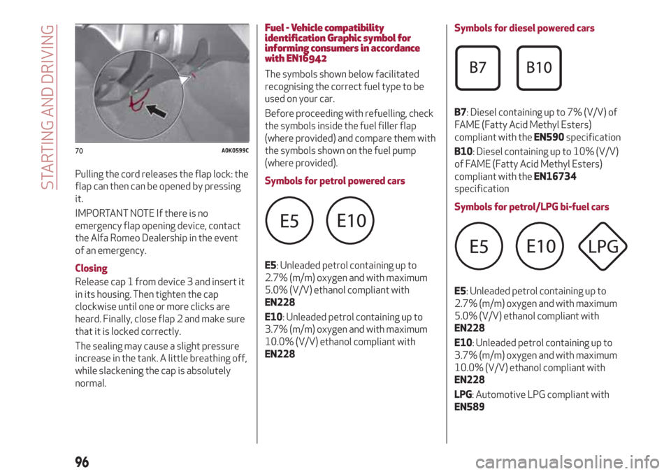 Alfa Romeo Giulietta 2018  Owners Manual Pulling the cord releases the flap lock: the
flap can then can be opened by pressing
it.
IMPORTANT NOTE If there is no
emergency flap opening device, contact
the Alfa Romeo Dealership in the event
of 