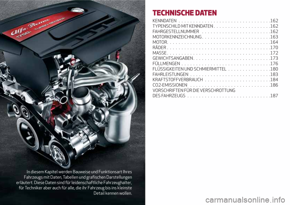 Alfa Romeo Giulietta 2018 Betriebsanleitung (in German) In diesem Kapitel werden Bauweise und Funktionsart Ihres
Fahrzeugs mit Daten, Tabellen und grafischen Darstellungen
erläutert. Diese Daten sind für leidenschaftliche Fahrzeughalter,
für Techniker a Alfa Romeo Giulietta 2018 Betriebsanleitung (in German) In diesem Kapitel werden Bauweise und Funktionsart Ihres
Fahrzeugs mit Daten, Tabellen und grafischen Darstellungen
erläutert. Diese Daten sind für leidenschaftliche Fahrzeughalter,
für Techniker a
