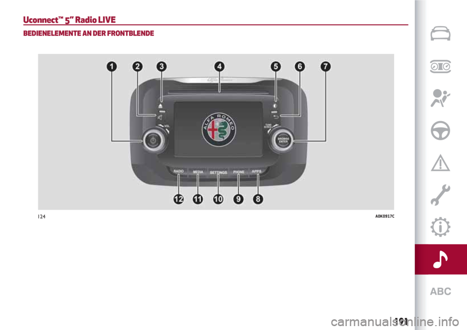 Alfa Romeo Giulietta 2018 Betriebsanleitung (in German) Uconnect™ 5” Radio LIVE
BEDIENELEMENTE AN DER FRONTBLENDE
124A0K0917C
191 Alfa Romeo Giulietta 2018 Betriebsanleitung (in German) Uconnect™ 5” Radio LIVE
BEDIENELEMENTE AN DER FRONTBLENDE
124A0K0917C
191