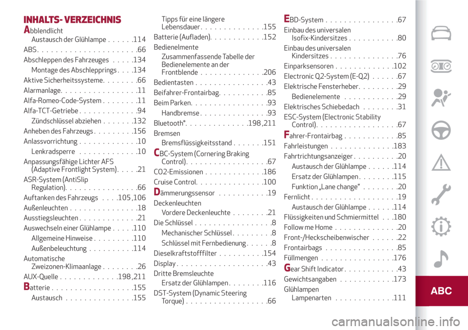 Alfa Romeo Giulietta 2018  Betriebsanleitung (in German) INHALTS- VERZEICHNIS
Abblendlicht
Austausch der Glühlampe......114
ABS......................66
Abschleppen des Fahrzeuges.....134
Montage des Abschlepprings. . . .134
Aktive Sicherheitssysteme.......