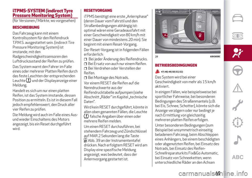 Alfa Romeo Giulietta 2018  Betriebsanleitung (in German) iTPMS-SYSTEM (indirect Tyre
Pressure Monitoring System)
(für Versionen / Märkte, wo vorgesehen)
BESCHREIBUNG
Das Fahrzeug kann mit einem
Kontrollsystem für den Reifendruck
T.P.M.S. ausgestattet sei