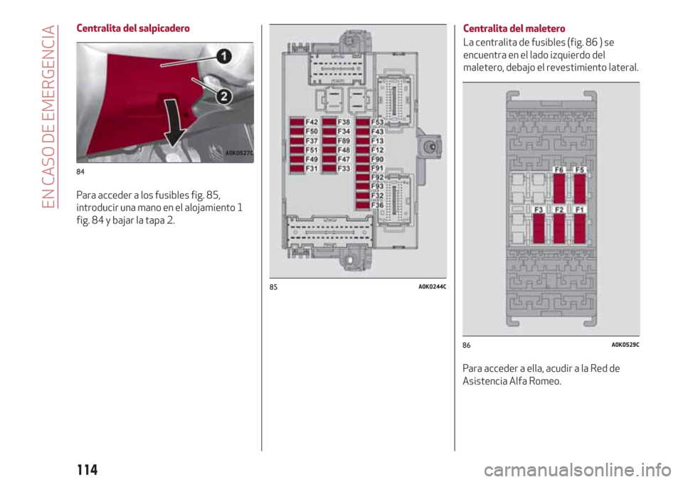 Alfa Romeo Giulietta 2018 Manual del propietario (in Spanish) Para acceder a los fusibles fig. 85,
introducir una mano en el alojamiento 1
fig. 84 y bajar la tapa 2.Centralita del maletero
La centralita de fusibles (fig. 86 ) se
encuentra en el lado izquierdo de Alfa Romeo Giulietta 2018 Manual del propietario (in Spanish) Para acceder a los fusibles fig. 85,
introducir una mano en el alojamiento 1
fig. 84 y bajar la tapa 2.Centralita del maletero
La centralita de fusibles (fig. 86 ) se
encuentra en el lado izquierdo de