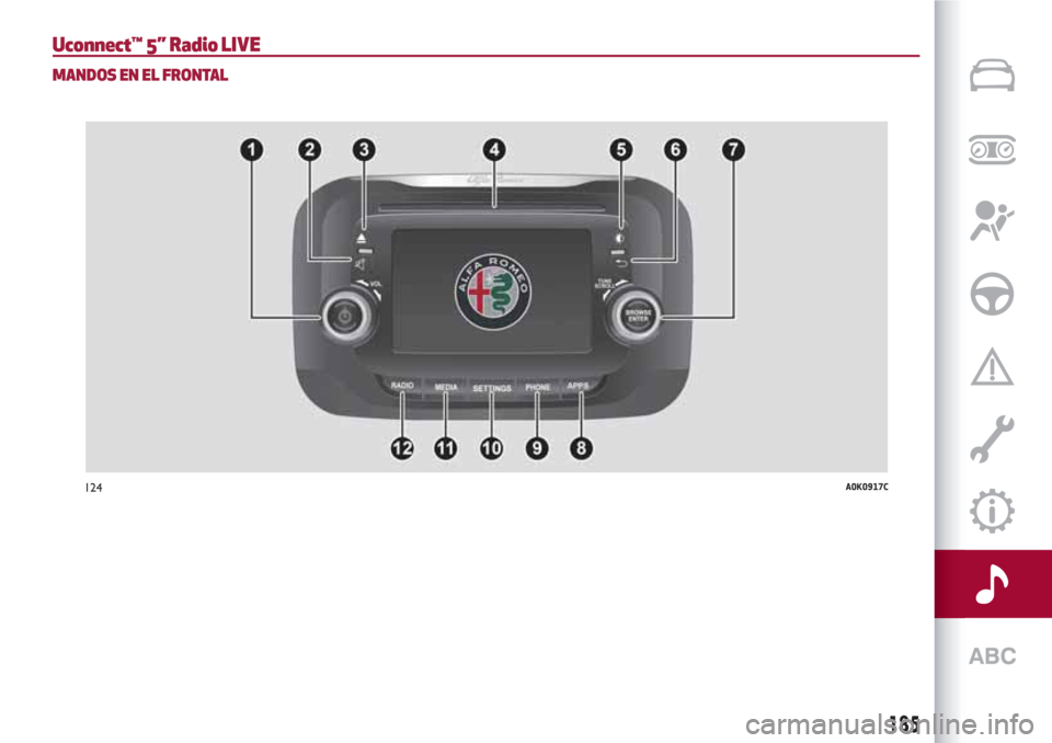 Alfa Romeo Giulietta 2018 Manual del propietario (in Spanish) Uconnect™ 5” Radio LIVE
MANDOS EN EL FRONTAL
124A0K0917C
185 Alfa Romeo Giulietta 2018 Manual del propietario (in Spanish) Uconnect™ 5” Radio LIVE
MANDOS EN EL FRONTAL
124A0K0917C
185
