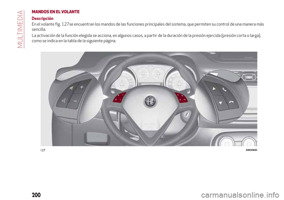 Alfa Romeo Giulietta 2018 Manual del propietario (in Spanish) MANDOS EN EL VOLANTE
Descripción
En el volante fig. 127se encuentran los mandos de las funciones principales del sistema, que permiten su control de una manera más
sencilla.
La activación de la fun Alfa Romeo Giulietta 2018 Manual del propietario (in Spanish) MANDOS EN EL VOLANTE
Descripción
En el volante fig. 127se encuentran los mandos de las funciones principales del sistema, que permiten su control de una manera más
sencilla.
La activación de la fun