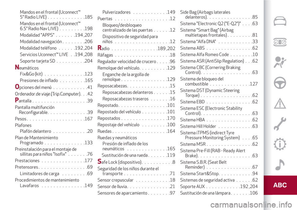 Alfa Romeo Giulietta 2018  Manual del propietario (in Spanish) Mandos en el frontal (Uconnect™
5” Radio LIVE).............185
Mandos en el frontal (Uconnect™
6.5” Radio Nav LIVE).........198
Modalidad "APPS".......194 ,207
Modalidad navegación........206