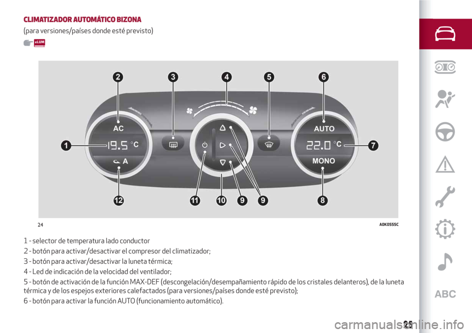 Alfa Romeo Giulietta 2018 Manual del propietario (in Spanish) CLIMATIZADOR AUTOMÁTICO BIZONA
(para versiones/países donde esté previsto)
1 - selector de temperatura lado conductor
2 - botón para activar/desactivar el compresor del climatizador;
3 - botón pa Alfa Romeo Giulietta 2018 Manual del propietario (in Spanish) CLIMATIZADOR AUTOMÁTICO BIZONA
(para versiones/países donde esté previsto)
1 - selector de temperatura lado conductor
2 - botón para activar/desactivar el compresor del climatizador;
3 - botón pa