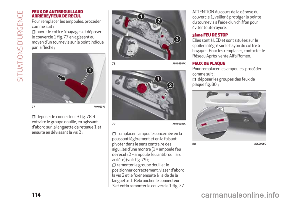 Alfa Romeo Giulietta 2018  Manuel du propriétaire (in French) FEUX DE ANTIBROUILLARD
ARRIÈRE/FEUX DE RECUL
Pour remplacer les ampoules, procéder
comme suit :
ouvrir le coffre à bagages et déposer
le couvercle 1 fig. 77 en agissant au
moyen dun tournevis sur