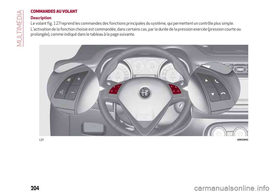 Alfa Romeo Giulietta 2018 Manuel du propriétaire (in French) COMMANDES AU VOLANT
Description
Le volant fig. 127reprend les commandes des fonctions principales du système, qui permettent un contrôle plus simple.
Lactivation de la fonction choisie est command Alfa Romeo Giulietta 2018 Manuel du propriétaire (in French) COMMANDES AU VOLANT
Description
Le volant fig. 127reprend les commandes des fonctions principales du système, qui permettent un contrôle plus simple.
Lactivation de la fonction choisie est command