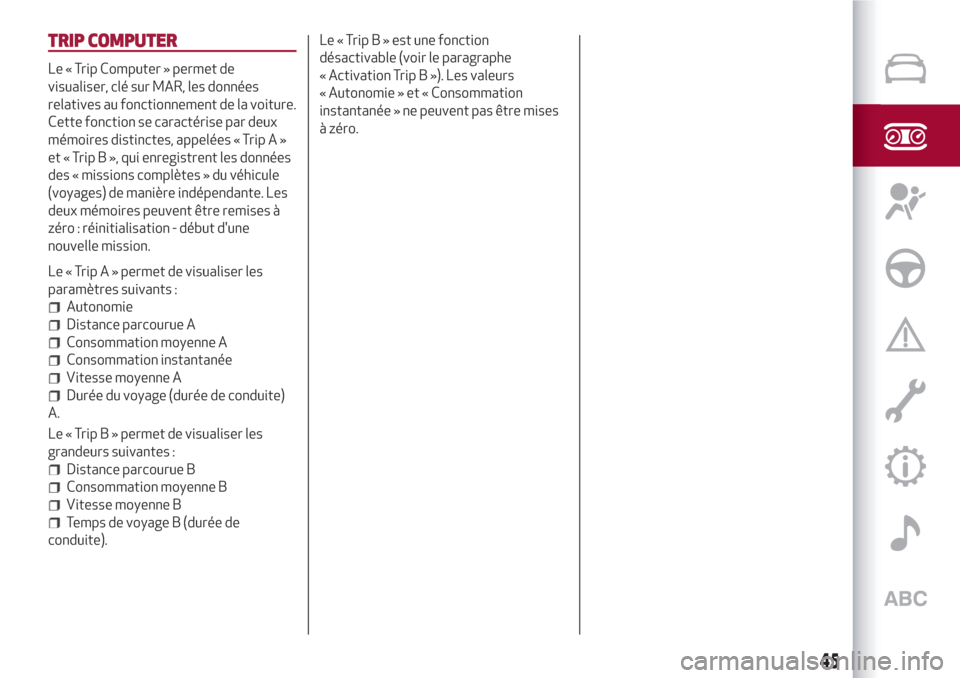 Alfa Romeo Giulietta 2018  Manuel du propriétaire (in French) TRIP COMPUTER
Le « Trip Computer » permet de
visualiser, clé sur MAR, les données
relatives au fonctionnement de la voiture.
Cette fonction se caractérise par deux
mémoires distinctes, appelées