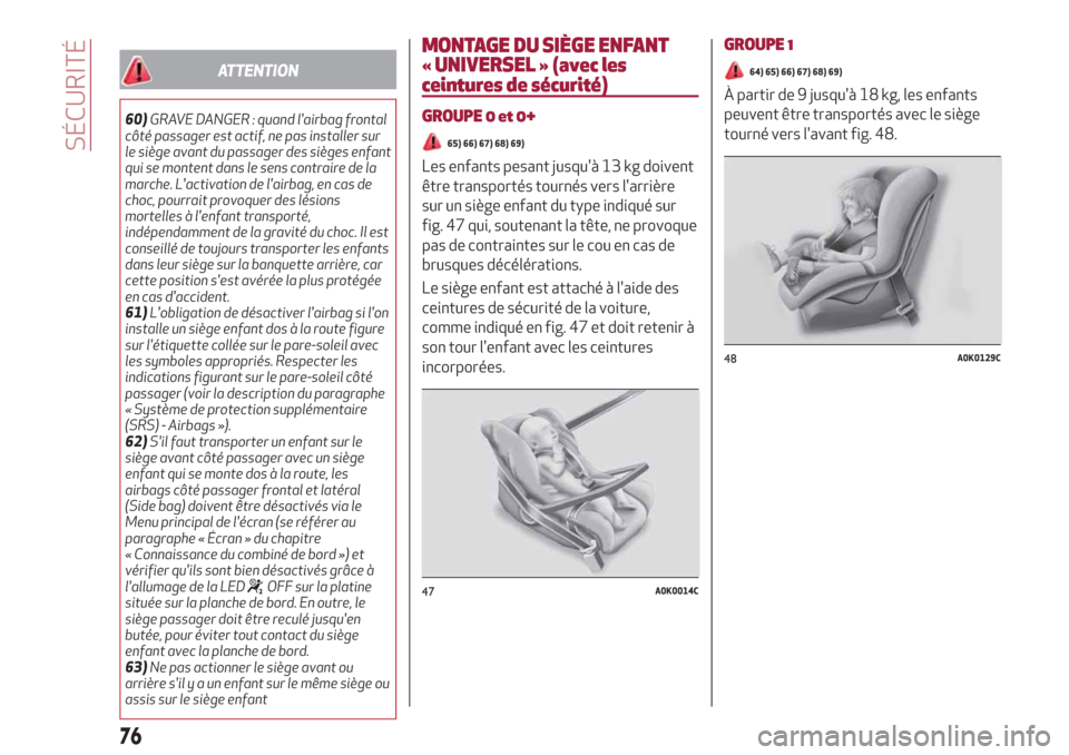 Alfa Romeo Giulietta 2018  Manuel du propriétaire (in French) ATTENTION
60)GRAVE DANGER : quand lairbag frontal
côté passager est actif, ne pas installer sur
le siège avant du passager des sièges enfant
qui se montent dans le sens contraire de la
marche. L