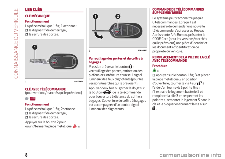 Alfa Romeo Giulietta 2018  Manuel du propriétaire (in French) LES CLÉS
CLÉ MÉCANIQUE
Fonctionnement
La pièce métallique 1 fig. 1 actionne :
le dispositif de démarrage ;
la serrure des portes.
CLÉ AVEC TÉLÉCOMMANDE(pour versions/marchés qui le prévoien