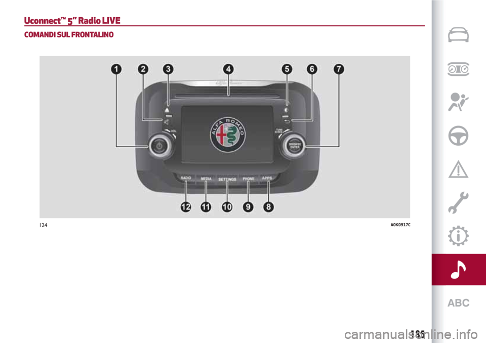Alfa Romeo Giulietta 2018  Manuale del proprietario (in Italian) Uconnect™ 5” Radio LIVE
COMANDI SUL FRONTALINO
124A0K0917C
185 
