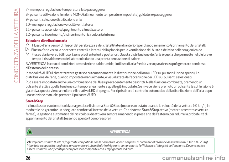 Alfa Romeo Giulietta 2018  Manuale del proprietario (in Italian) 7 - manopola regolazione temperatura lato passeggero;
8 - pulsante attivazione funzione MONO (allineamento temperature impostate) guidatore/passeggero;
9 - pulsanti selezione distribuzione aria;
10 - 
