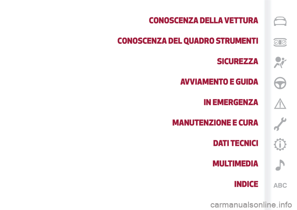 Alfa Romeo Giulietta 2018  Manuale del proprietario (in Italian) CONOSCENZA DELLA VETTURA
CONOSCENZA DEL QUADRO STRUMENTI
SICUREZZA
AVVIAMENTO E GUIDA
IN EMERGENZA
MANUTENZIONE E CURA
DATI TECNICI
MULTIMEDIA
INDICE 