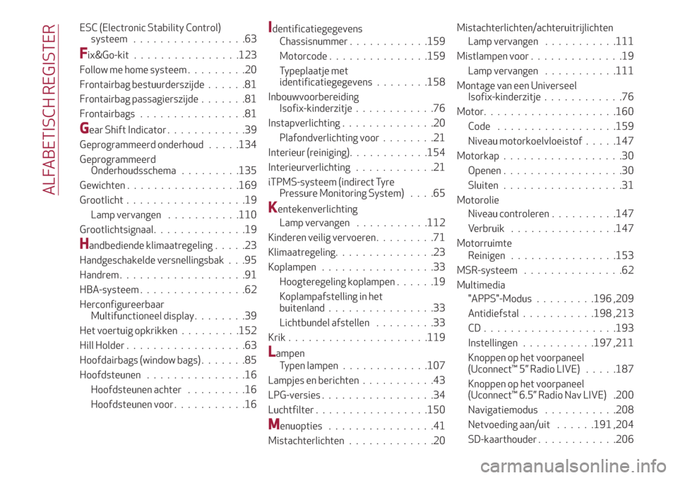 Alfa Romeo Giulietta 2018  Handleiding (in Dutch) ESC (Electronic Stability Control)
systeem.................63
Fix&Go-kit................123
Follow me home systeem.........20
Frontairbag bestuurderszijde......81
Frontairbag passagierszijde.......81
