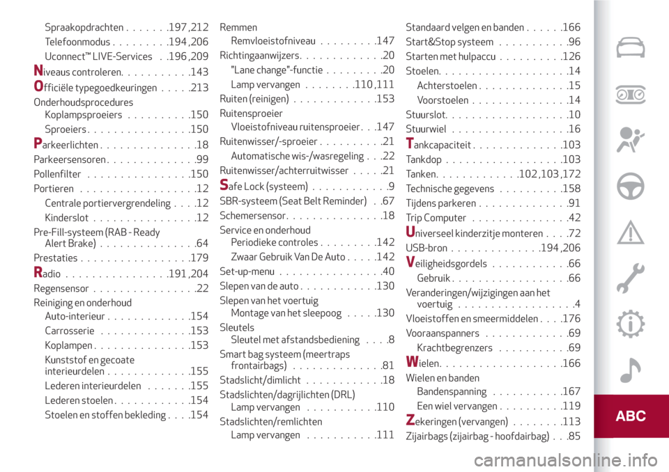 Alfa Romeo Giulietta 2018  Handleiding (in Dutch) Spraakopdrachten.......197 ,212
Telefoonmodus.........194 ,206
Uconnect™ LIVE-Services . .196 ,209
Niveaus controleren...........143
Officiële typegoedkeuringen.....213
Onderhoudsprocedures
Koplamp