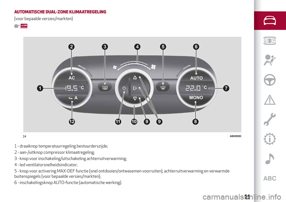 Alfa Romeo Giulietta 2018 Handleiding (in Dutch) AUTOMATISCHE DUAL-ZONE KLIMAATREGELING
(voor bepaalde versies/markten)
1 - draaiknop temperatuurregeling bestuurderszijde;
2 - aan-/uitknop compressor klimaatregeling;
3 - knop voor inschakeling/uitsc Alfa Romeo Giulietta 2018 Handleiding (in Dutch) AUTOMATISCHE DUAL-ZONE KLIMAATREGELING
(voor bepaalde versies/markten)
1 - draaiknop temperatuurregeling bestuurderszijde;
2 - aan-/uitknop compressor klimaatregeling;
3 - knop voor inschakeling/uitsc
