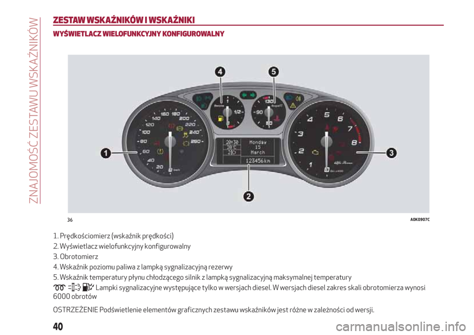 Alfa Romeo Giulietta 2018 Instrukcja Obsługi (in Polish) ZESTAW WSKAŹNIKÓW I WSKAŹNIKI
WYŚWIETLACZ WIELOFUNKCYJNY KONFIGUROWALNY
1. Prędkościomierz (wskaźnik prędkości)
2. Wyświetlacz wielofunkcyjny konfigurowalny
3. Obrotomierz
4. Wskaźnik pozio Alfa Romeo Giulietta 2018 Instrukcja Obsługi (in Polish) ZESTAW WSKAŹNIKÓW I WSKAŹNIKI
WYŚWIETLACZ WIELOFUNKCYJNY KONFIGUROWALNY
1. Prędkościomierz (wskaźnik prędkości)
2. Wyświetlacz wielofunkcyjny konfigurowalny
3. Obrotomierz
4. Wskaźnik pozio
