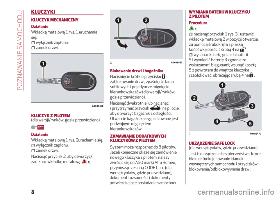 Alfa Romeo Giulietta 2018  Instrukcja Obsługi (in Polish) KLUCZYKI
KLUCZYK MECHANICZNY
Działanie
Wkładką metalową 1 rys. 1 uruchamia
się:
wyłącznik zapłonu;
zamek drzwi.
KLUCZYK Z PILOTEM(dla wersji/rynków, gdzie przewidziano)
Działanie
Wkładką m