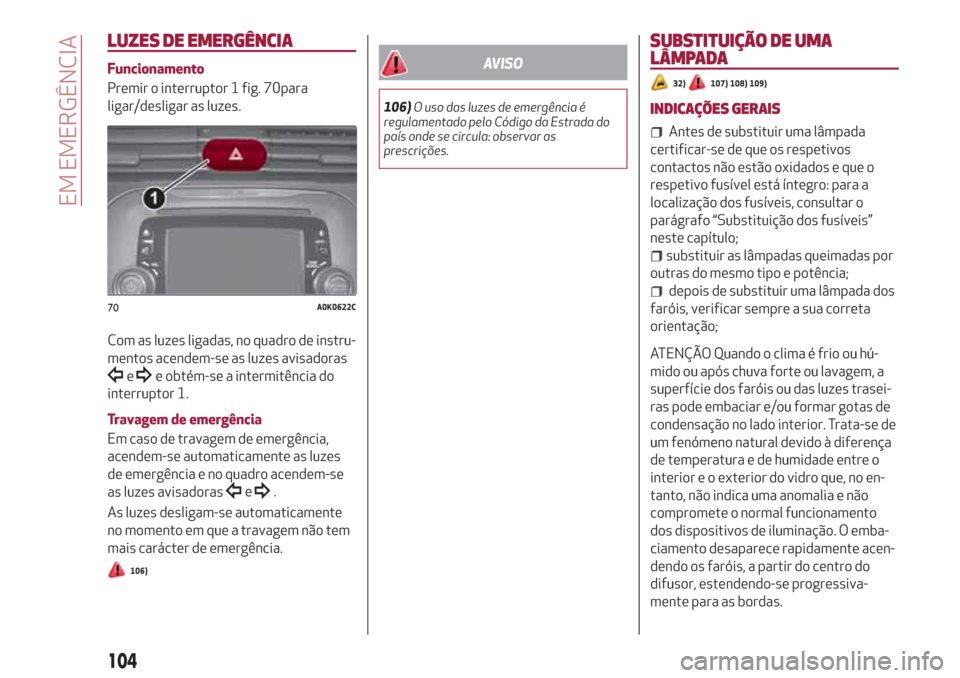 Alfa Romeo Giulietta 2018 Manual do proprietário (in Portuguese) LUZES DE EMERGÊNCIA
Funcionamento
Premir o interruptor 1 fig. 70para
ligar/desligar as luzes.
Com as luzes ligadas, no quadro de instru-
mentos acendem-se as luzes avisadoras
ee obtém-se a intermit Alfa Romeo Giulietta 2018 Manual do proprietário (in Portuguese) LUZES DE EMERGÊNCIA
Funcionamento
Premir o interruptor 1 fig. 70para
ligar/desligar as luzes.
Com as luzes ligadas, no quadro de instru-
mentos acendem-se as luzes avisadoras
ee obtém-se a intermit