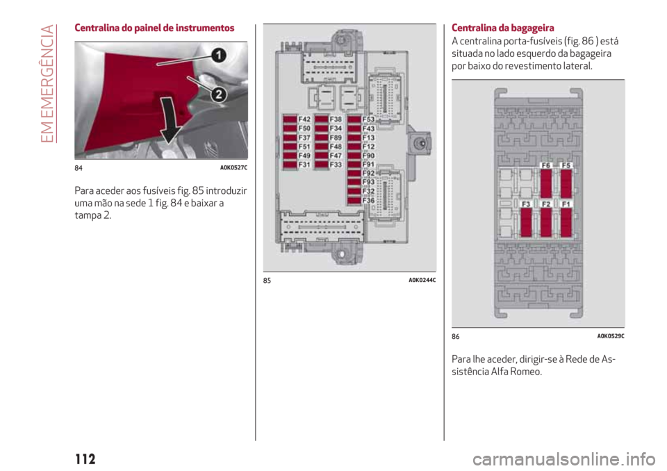 Alfa Romeo Giulietta 2018 Manual do proprietário (in Portuguese) Centralina do painel de instrumentos
Para aceder aos fusíveis fig. 85 introduzir
uma mão na sede 1 fig. 84 e baixar a
tampa 2.Centralina da bagageira
A centralina porta-fusíveis (fig. 86 ) está
si Alfa Romeo Giulietta 2018 Manual do proprietário (in Portuguese) Centralina do painel de instrumentos
Para aceder aos fusíveis fig. 85 introduzir
uma mão na sede 1 fig. 84 e baixar a
tampa 2.Centralina da bagageira
A centralina porta-fusíveis (fig. 86 ) está
si