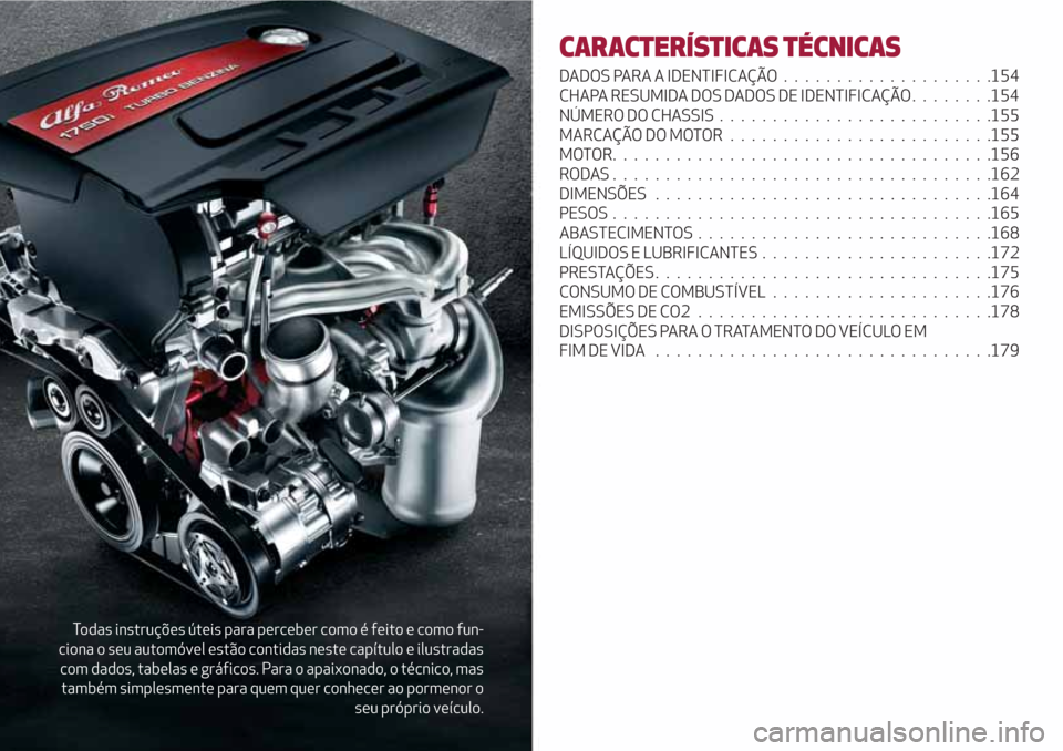 Alfa Romeo Giulietta 2018 Manual do proprietário (in Portuguese) Todas instruções úteis para perceber como é feito e como fun-
ciona o seu automóvel estão contidas neste capítulo e ilustradas
com dados, tabelas e gráficos. Para o apaixonado, o técnico, mas Alfa Romeo Giulietta 2018 Manual do proprietário (in Portuguese) Todas instruções úteis para perceber como é feito e como fun-
ciona o seu automóvel estão contidas neste capítulo e ilustradas
com dados, tabelas e gráficos. Para o apaixonado, o técnico, mas