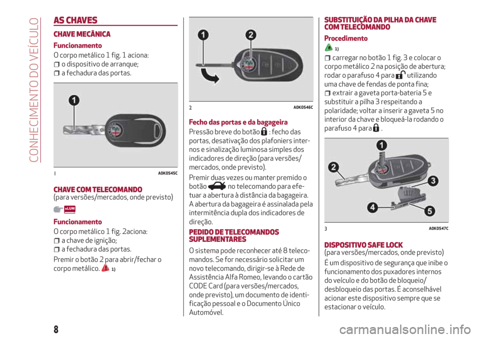 Alfa Romeo Giulietta 2018 Manual do proprietário (in Portuguese) AS CHAVES
CHAVE MECÂNICA
Funcionamento
O corpo metálico 1 fig. 1 aciona:
o dispositivo de arranque;
a fechadura das portas.
CHAVE COM TELECOMANDO(para versões/mercados, onde previsto)
Funcionamento Alfa Romeo Giulietta 2018 Manual do proprietário (in Portuguese) AS CHAVES
CHAVE MECÂNICA
Funcionamento
O corpo metálico 1 fig. 1 aciona:
o dispositivo de arranque;
a fechadura das portas.
CHAVE COM TELECOMANDO(para versões/mercados, onde previsto)
Funcionamento