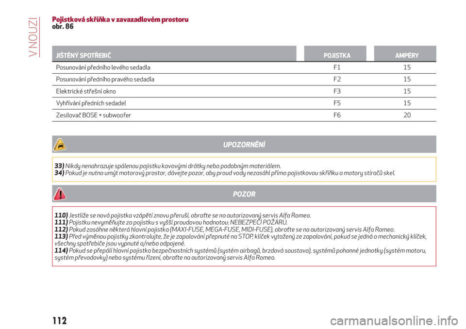Alfa Romeo Giulietta 2018  Návod k obsluze (in Czech) Pojistková skříňka v zavazadlovém prostoruobr. 86
JIŠTĚNÝ SPOTŘEBIČPOJISTKA AMPÉRY
Posunování předního levého sedadla F1 15
P
osunování předního pravého sedadla F2 15
Elektrické 