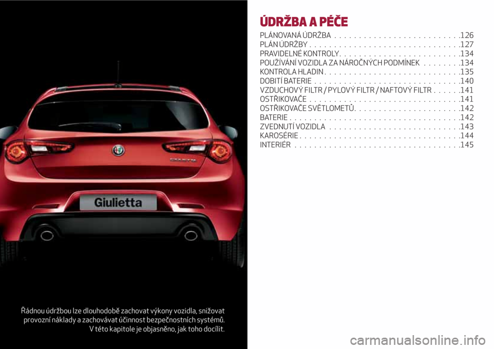 Alfa Romeo Giulietta 2018 Návod k obsluze (in Czech) Řádnou údržbou lze dlouhodobě zachovat výkony vozidla, snižovat
provozní náklady a zachovávat účinnost bezpečnostních systémů.
V této kapitole je objasněno, jak toho docílit.
ÚDRŽ Alfa Romeo Giulietta 2018 Návod k obsluze (in Czech) Řádnou údržbou lze dlouhodobě zachovat výkony vozidla, snižovat
provozní náklady a zachovávat účinnost bezpečnostních systémů.
V této kapitole je objasněno, jak toho docílit.
ÚDRŽ