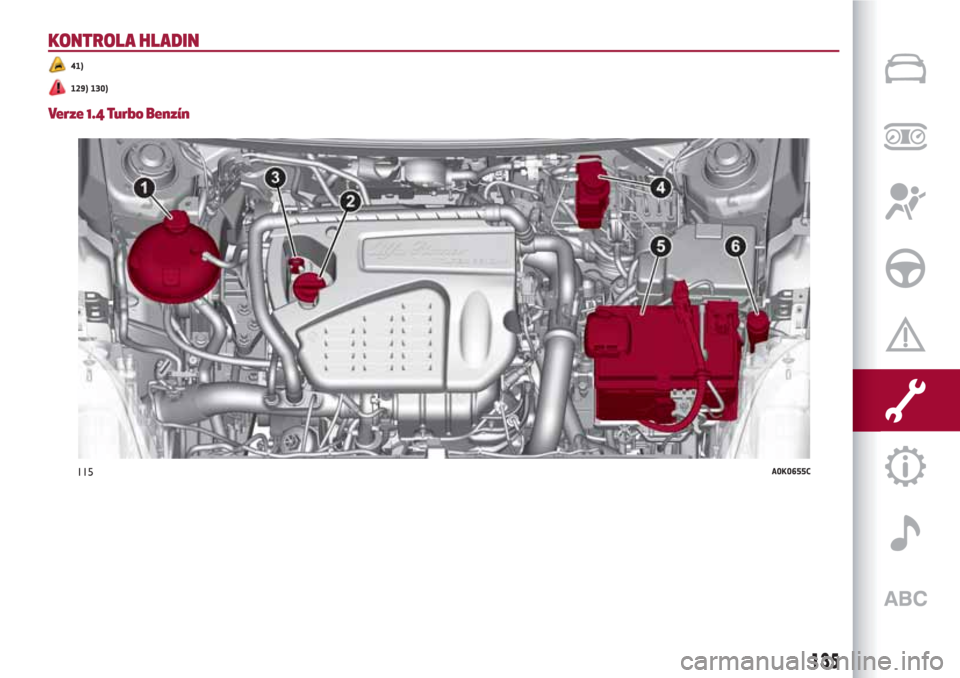 Alfa Romeo Giulietta 2018 Návod k obsluze (in Czech) KONTROLA HLADIN
41)
129) 130)
Verze 1.4 Turbo Benzín
115A0K0655C
135 Alfa Romeo Giulietta 2018 Návod k obsluze (in Czech) KONTROLA HLADIN
41)
129) 130)
Verze 1.4 Turbo Benzín
115A0K0655C
135