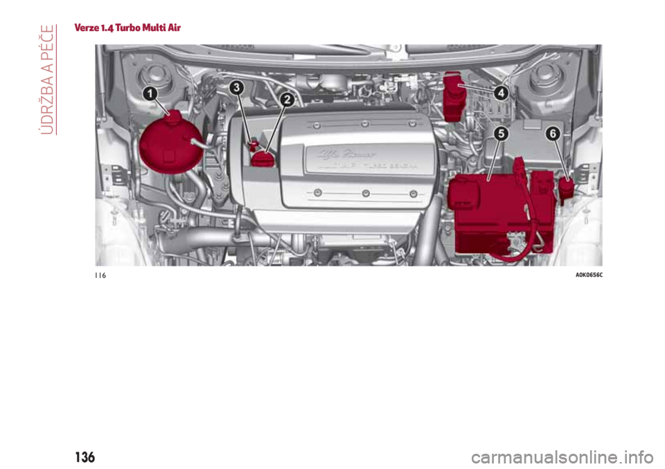 Alfa Romeo Giulietta 2018 Návod k obsluze (in Czech) Verze 1.4 Turbo Multi Air
116A0K0656C
136
ÚDRŽBA A PÉČE Alfa Romeo Giulietta 2018 Návod k obsluze (in Czech) Verze 1.4 Turbo Multi Air
116A0K0656C
136
ÚDRŽBA A PÉČE
