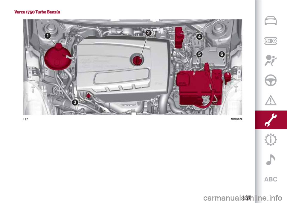 Alfa Romeo Giulietta 2018 Návod k obsluze (in Czech) Verze 1750 Turbo Benzín
117A0K0657C
137 Alfa Romeo Giulietta 2018 Návod k obsluze (in Czech) Verze 1750 Turbo Benzín
117A0K0657C
137