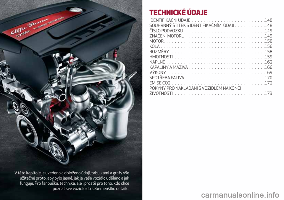 Alfa Romeo Giulietta 2018 Návod k obsluze (in Czech) V této kapitole je uvedeno a doloženo údaji, tabulkami a grafy vše
užitečné proto, aby bylo jasné, jak je vaše vozidlo uděláno a jak
funguje. Pro fanouška, technika, ale i prostě pro toho Alfa Romeo Giulietta 2018 Návod k obsluze (in Czech) V této kapitole je uvedeno a doloženo údaji, tabulkami a grafy vše
užitečné proto, aby bylo jasné, jak je vaše vozidlo uděláno a jak
funguje. Pro fanouška, technika, ale i prostě pro toho