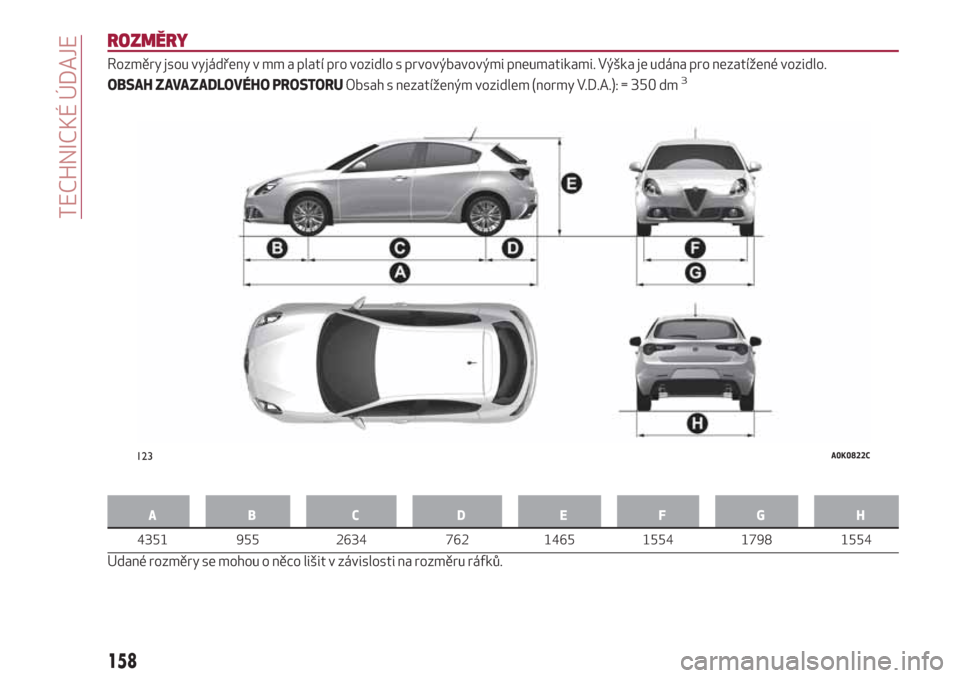 Alfa Romeo Giulietta 2018  Návod k obsluze (in Czech) ROZMĚRY
Rozměry jsou vyjádřeny v mm a platí pro vozidlo s prvovýbavovými pneumatikami. Výška je udána pro nezatížené vozidlo.
OBSAH ZAVAZADLOVÉHO PROSTORUObsah s nezatíženým vozidlem 