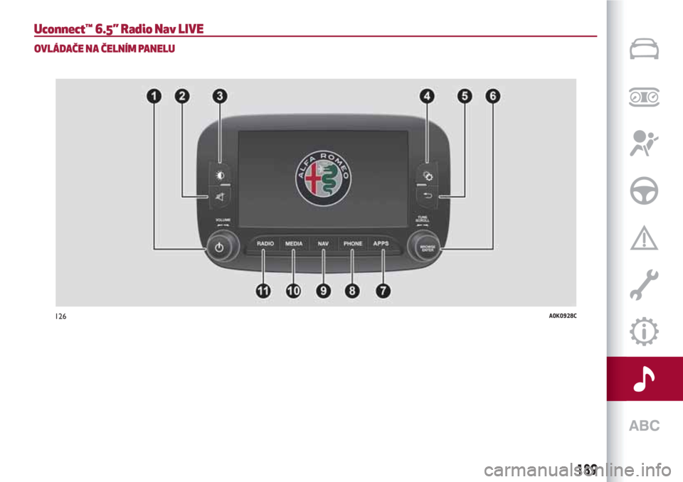 Alfa Romeo Giulietta 2018 Návod k obsluze (in Czech) Uconnect™ 6.5” Radio Nav LIVE
OVLÁDAČE NA ČELNÍM PANELU
126A0K0928C
189 Alfa Romeo Giulietta 2018 Návod k obsluze (in Czech) Uconnect™ 6.5” Radio Nav LIVE
OVLÁDAČE NA ČELNÍM PANELU
126A0K0928C
189