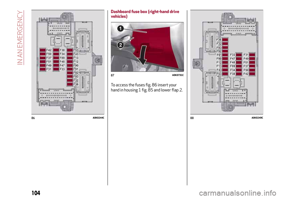 Alfa Romeo Giulietta 2017  Owners Manual Dashboard fuse box (right-hand drive
vehicles)
To access the fuses fig. 86 insert your
hand in housing 1 fig. 85 and lower flap 2.
86A0K0244C
87A0K0731C
88A0K0249C
104
IN AN EMERGENCY 