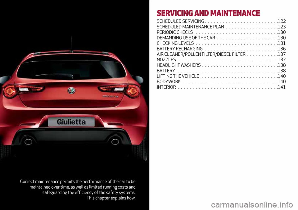 Alfa Romeo Giulietta 2017 Owners Manual Correct maintenance permits the performance of the car to be
maintained over time, as well as limited running costs and
safeguarding the efficiency of the safety systems.
This chapter explains how.
SE Alfa Romeo Giulietta 2017 Owners Manual Correct maintenance permits the performance of the car to be
maintained over time, as well as limited running costs and
safeguarding the efficiency of the safety systems.
This chapter explains how.
SE