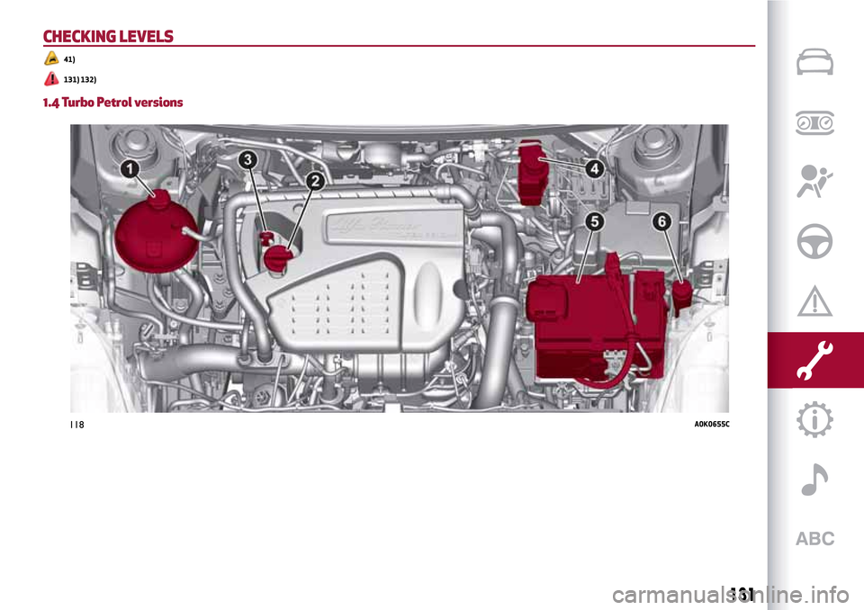 Alfa Romeo Giulietta 2017 Owners Manual CHECKING LEVELS
41)
131) 132)
1.4 Turbo Petrol versions
118A0K0655C
131 Alfa Romeo Giulietta 2017 Owners Manual CHECKING LEVELS
41)
131) 132)
1.4 Turbo Petrol versions
118A0K0655C
131