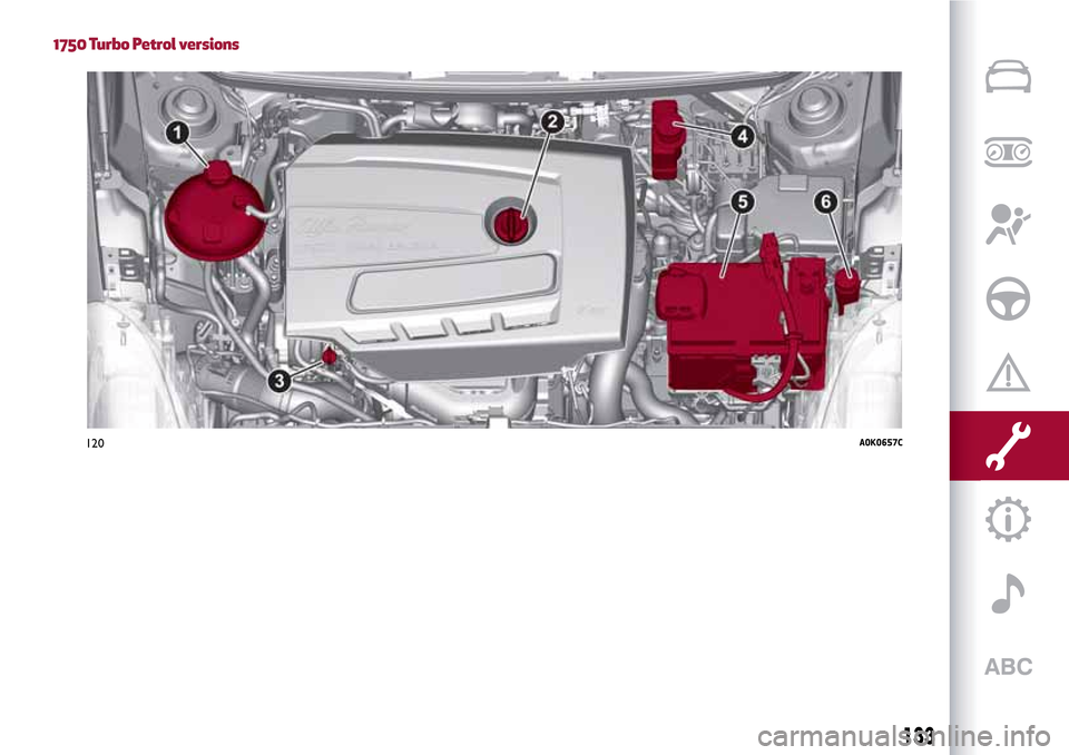 Alfa Romeo Giulietta 2017 Owners Manual 1750 Turbo Petrol versions
120A0K0657C
133 Alfa Romeo Giulietta 2017 Owners Manual 1750 Turbo Petrol versions
120A0K0657C
133