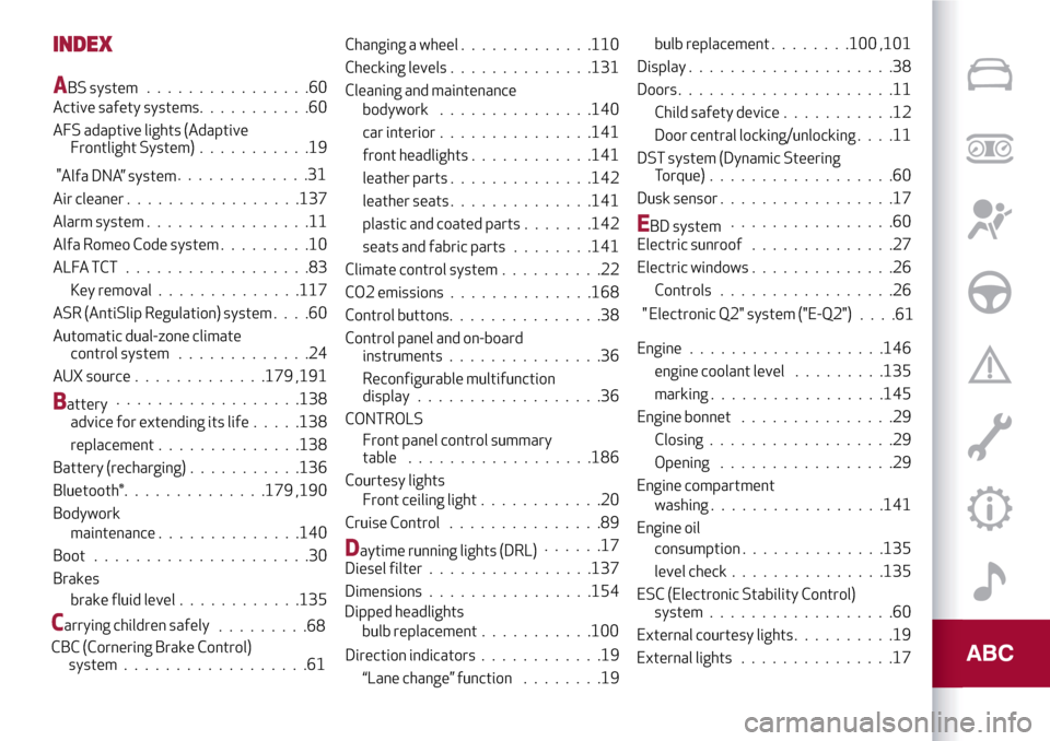 Alfa Romeo Giulietta 2017 Owners Manual INDEX
Alfa DNA” system.............31
ABS system................60
Active safety systems...........60
AFS adaptive lights (Adaptive
Frontlight System)...........19
Air cleaner.................137
Al Alfa Romeo Giulietta 2017 Owners Manual INDEX
Alfa DNA” system.............31
ABS system................60
Active safety systems...........60
AFS adaptive lights (Adaptive
Frontlight System)...........19
Air cleaner.................137
Al