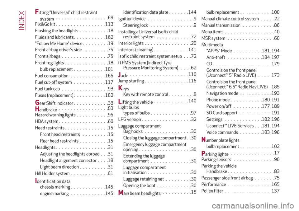 Alfa Romeo Giulietta 2017 Owners Manual Fitting "Universal" child restraint
system..................69
Fix&Go kit.................113
Flashing the headlights..........18
Fluids and lubricants...........162
Front airbag drivers side........