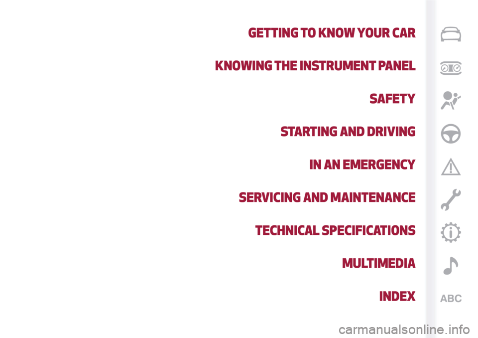 Alfa Romeo Giulietta 2017 Owners Manual GETTING TO KNOW YOUR CAR
KNOWING THE INSTRUMENT PANEL
SAFETY
STARTING AND DRIVING
IN AN EMERGENCY
SERVICING AND MAINTENANCE
TECHNICAL SPECIFICATIONS
MULTIMEDIA
INDEX Alfa Romeo Giulietta 2017 Owners Manual GETTING TO KNOW YOUR CAR
KNOWING THE INSTRUMENT PANEL
SAFETY
STARTING AND DRIVING
IN AN EMERGENCY
SERVICING AND MAINTENANCE
TECHNICAL SPECIFICATIONS
MULTIMEDIA
INDEX